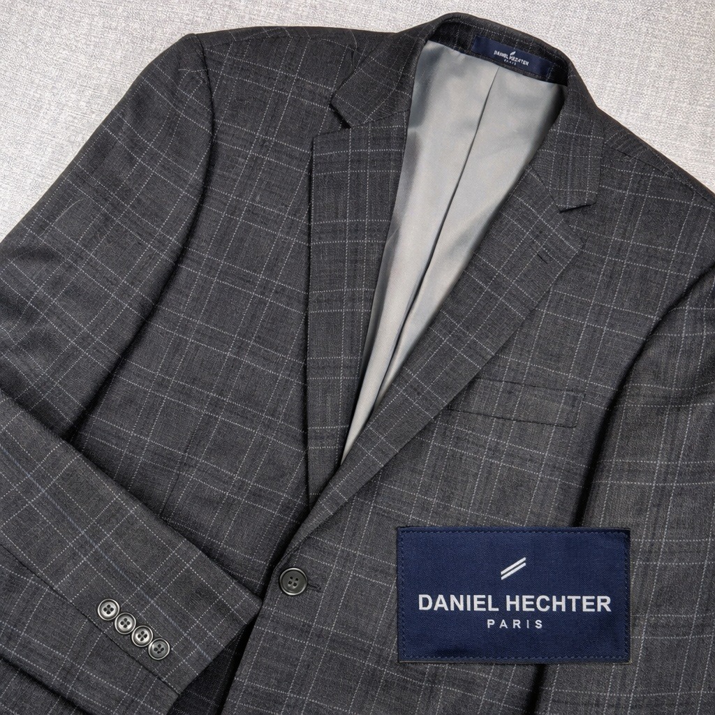 Daniel Hechter Slim Fit Windowpane Suit Jacket Men 42l Charcoal Wool Bamboo Prep